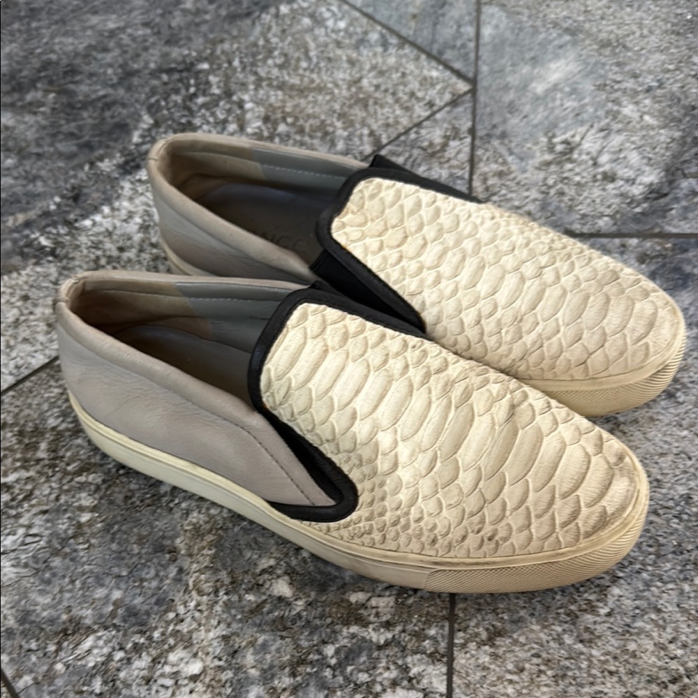 Vince Cream and Gray Snakeskin Slip-On Shoes